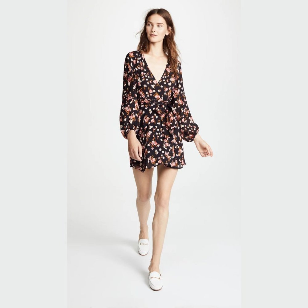 A.L.C. Carlo Silk Wrap V Neck Floral Print Long Sleeve Mini‎ Dress Size 14 Black